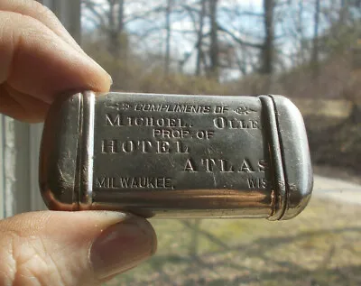 HOTEL ATLAS MILWAUKEE MICHAEL OLLE 1890s SILVER PLATED ADVERTISING MATCH SAFE • $100