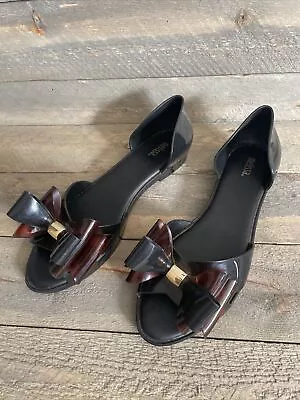 MELISSA Women's Seduction II Black  With Briwn Bow Shoes Flats Sz 8 • $30