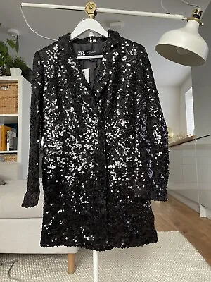 Zara Black Sequin Blazer Jacket Lapel Collar Size L Large BNWT 9336 556 RARE • $87.16