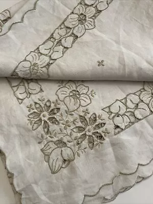 Vtg Linen Tablecloth Cutwork 70x82 Madeira Style Embroidered Floral Cream • $39.99