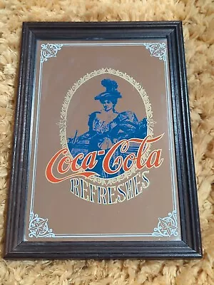 Vintage Coca-Cola Refreshes Advertising Mirror -Pub Man Cave Bar Wooden Framed • £16.99