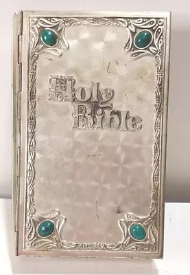 Vintage Holy Bible Collins Ornate Silver Metal Cover With Turquoise Stone Beads • $350