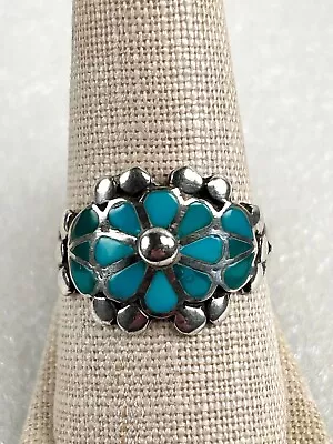 Vintage Sterling Silver Turquoise Inlay Flower Ring Size 10 • $26