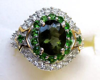 Genuine Moldavite & Chrome Diopside Ring / Size 5 / 925 Sterling Silver / 2.96ct • $124.99