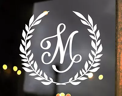 Monogram Letter In Laurel Wreath Vinyl Decal - Script Scroll Family Name Sticker • $18.99