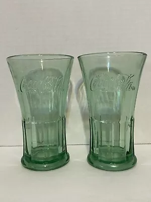 LIBBEY Coca Cola (2) Vintage Green Glass Flared Heavy 16oz Glasses 6 1/4” Tall • $18