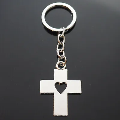 $5.88 • Buy Hollow Heart Cut Out Love Cross Design Christian Keychain Key Chain Ring Gift