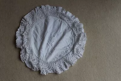 Vintage White Cotton Embroidered & Lace 50cms Round Cushion Cover • £4.99