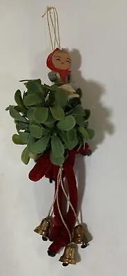 Vtg Hanging Mistletoe Ivy Kissing Ball W/ Felt Elf & Velvet Bow Christmas Deco • $19.20