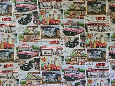 New BTY X 45 W Digital Fabric Vintage Cars Diners On Post Cards Quilting Sewing • $12.69