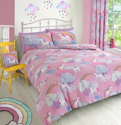 Pink Unicorns Duvet Cover Bedding Set Rainbow Unicorn Duvet With Pillowcase Set • £4.95