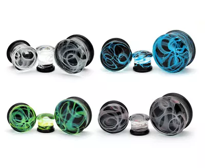 Pair Of Glass Swirl Double Flare Plugs Set Gauges PICK YOUR SIZE AND COLOR • $14.49