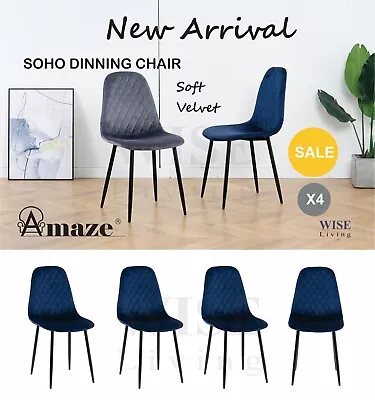 Amaze 4X Blue Dining Chair Velvet Padded Seat Metal Leg Kitchen Dressing Office • $192