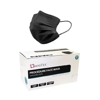 Omnitex Type IIR Black Face Masks With Ear Loops | Pack Of 50 • £4.95