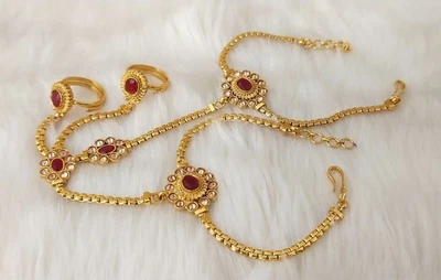 £27.98 • Buy Indian Jewelry Hath Punja Bollywood Ethnic Gold Plated Bracelet With Rings