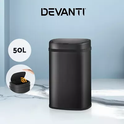 Devanti 50L Sensor Bin Motion Rubbish Automatic Trash Can Kitchen Black • $59.95