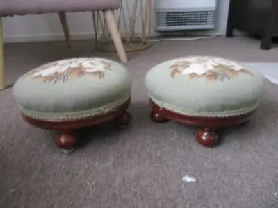 Pr Antique Vintage Tapestry Needlepoint Top Footstools Pouffs • $170