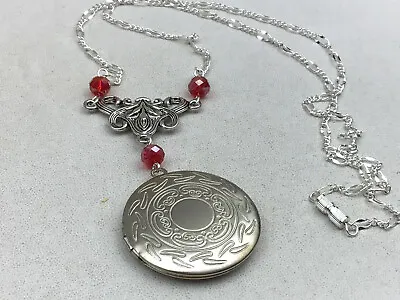 Fashion Necklace Locket Embossed Silver Round Ruby Glass AB Pendant NO OFFERS • $10