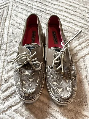 Sperry Top-Sliders Leopard Cheetah Print Sequins Bling Boat Shoes Sz 9 • $14