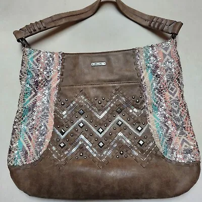 MISS ME  Faux Leather Sequined Large Tote Handbag  Brown Peach Teal • $49.95