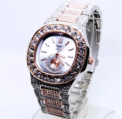 X512P Men's Luxury Wrist Watch Bling Rose Gold Silver Strap Dimante Crystal Dial • £27.99