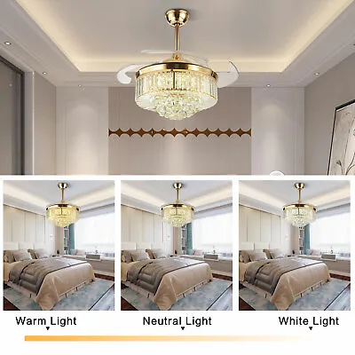 42  Invisible LED Ceiling Fan Light Crystal Retractable Chandelier Lamp W/Remote • $127