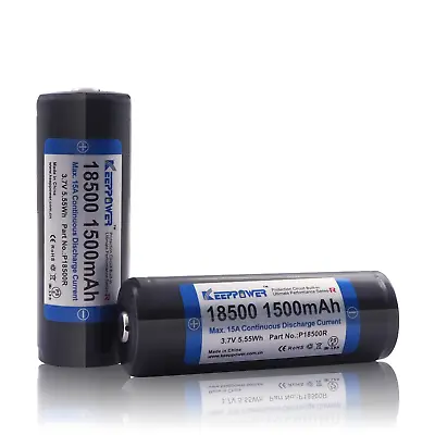 2x Keeppower 18500 1500mAh Battery 3.7V 15A Protected Lithium Rechargeable Cells • £16.99