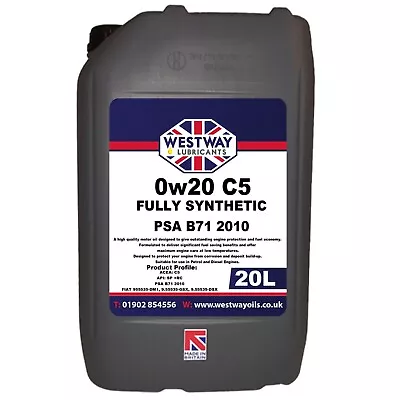 20L 0W20 C5 PSA B71 2010 Fully Synthetic Engine Oil 0w/20 - 20 Litres • £99.99