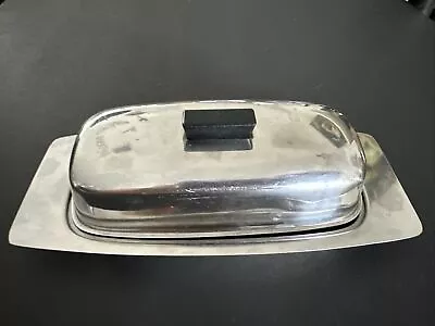 Vintage MCM Stainless Covered Butter Dish Keeper With Lid Black Handle Retro • $16.50