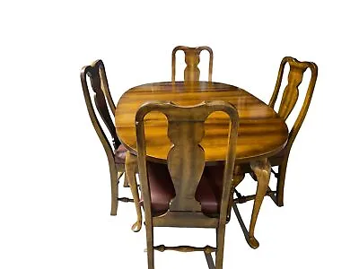 Vintage Wood Oval Drop Leaf Dinning Set W/ 4 Leather Cushioned Chairs • $607.99