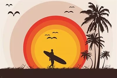 Surfer Tropical Beach VINTAGE ART POSTER Palm Trees SURF BOARD Birds 12x18 • $7.99