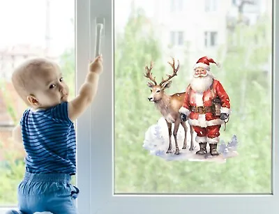 X8 Santa And Reindeer -Vinyl Sticker Decal-Christmas- Wall/Window 00485 • £3.99