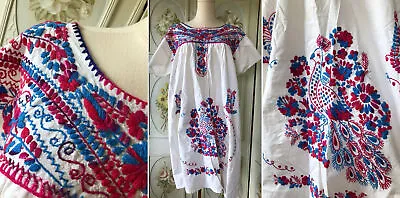 Vtg Otomi Mexican Embroidered Muslin Cotton Pink Red Blue White Dress Flowers • $28
