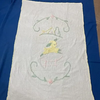 Chenille Baby Crib Blanket Green Pink And Yellow. Sheep Vintage. 38”x60” • $19.55