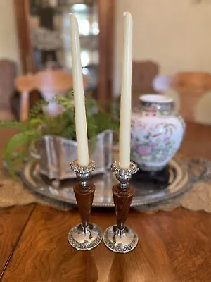 Vintage Silverplate Silver & Wood Chambersticks Candlestick Pair Candle Holder • $49.48