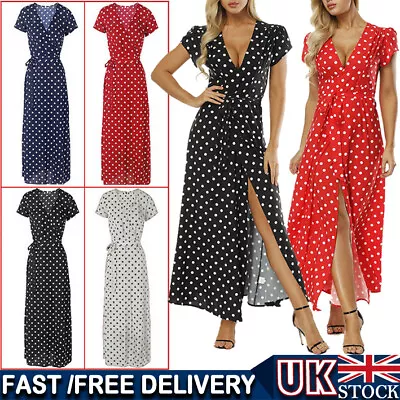 Women Polka Dot V-Neck Wrap Floral Maxi Dress Ladies Summer Beach Party Sundress • £13.79