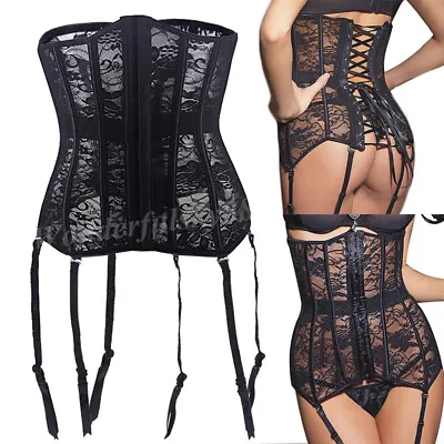 UK Black Floral Lace Suspenders Underbust Waist Cincher Corset Shapewear Erotic • £13.90