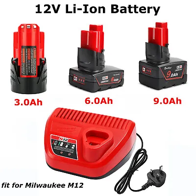 12V 3A 6.0A 9A Li-Ion Battery For Milwaukee M12B6 M12 XC 48-11-2401 2402 Charger • £38.89