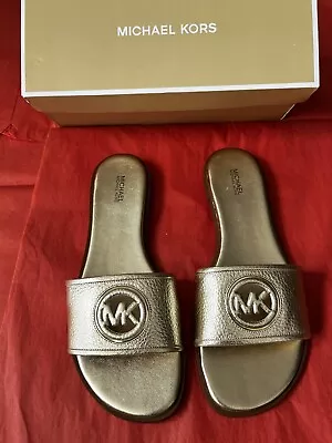 Michael Kors Deanna CUT OUT SLIDE Slipper TUMBLED LEATHER SZ 11M Pale Gold - NIB • $65