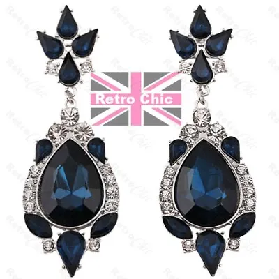 BIG RHINESTONE TEARDROP EARRINGS Dark Blue CHANDELIER Silver Crystal Vintage GP • £2.99