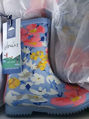 Joules 13 Floral Junior Kids Lightweight Welly Boots Blue Wellington Wellies  • £12