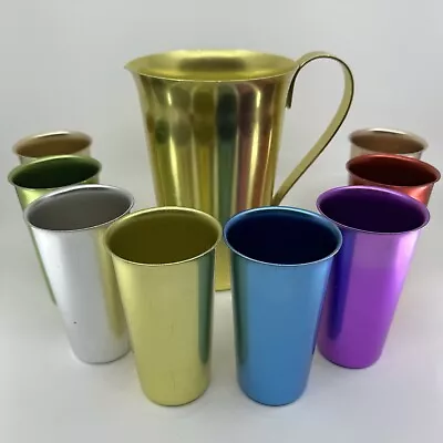 Vintage MCM Aluminum Pitcher W/ Set Of 8 Tumblers Cups Assorted Colors Retro • $34.99