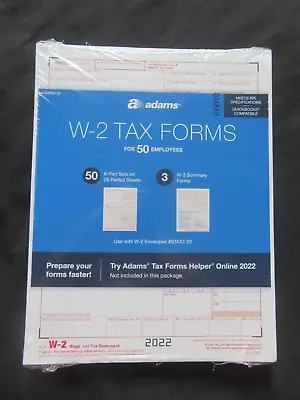2022 Adams W-2 Tax Forms 50 6-Part Sets & 3 W-3 Summary Forms • $18.95