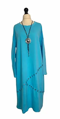 Italian Lagenlook Blue Rivet Trim Long Sleeve Dress - UK Sz 14 16 18 • £19.99