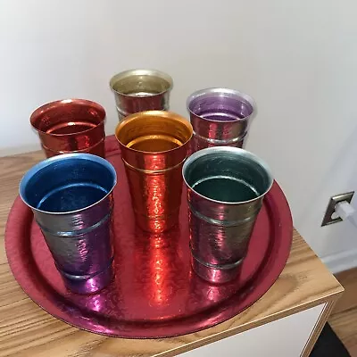 Vintage 6 Aluminum Tumblers And Tray Pre-owned • $22.99