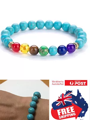 New 7 Chakra Stone Bead Turquoise Bracelet Men Women Natural Balance Healing 1pc • $5.95