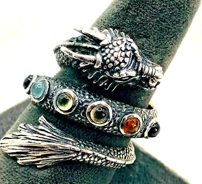 Vintage PETER STONE PSCL .925 Silver Celtic Dragon Ring W. 7 Gemstones Sz 8.5 • $125