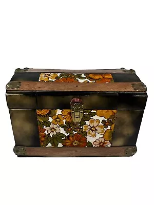 Small Antique Wood & Metal Floral Pattern Black And Gold Dusted Steamer Trunk • $199.99