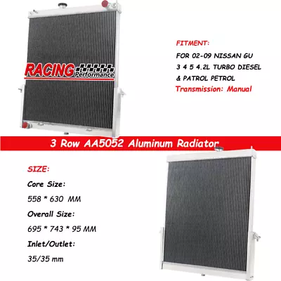3-Row Aluminium Radiator For Nissan Gu 3 4 5 4.2L Turbo Diesel&Patrol Petrol MT • $239