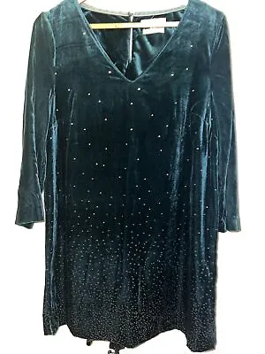 White Stuff Velvet Galaxy Tunic Top 12 Teal Gold 3/4 Sleeve V Neck Christmas • £18